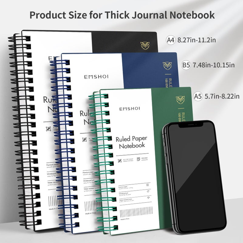 EMSHOI A4 Spiral Notebook Lined Journal, 11.2"" X 8.27"", 300 Pages/150 Sheets, 100gsm Thick Paper, Waterproof Softcover, Twin-Wire Binding, for School Work Writing Note Taking-Black - Image 5